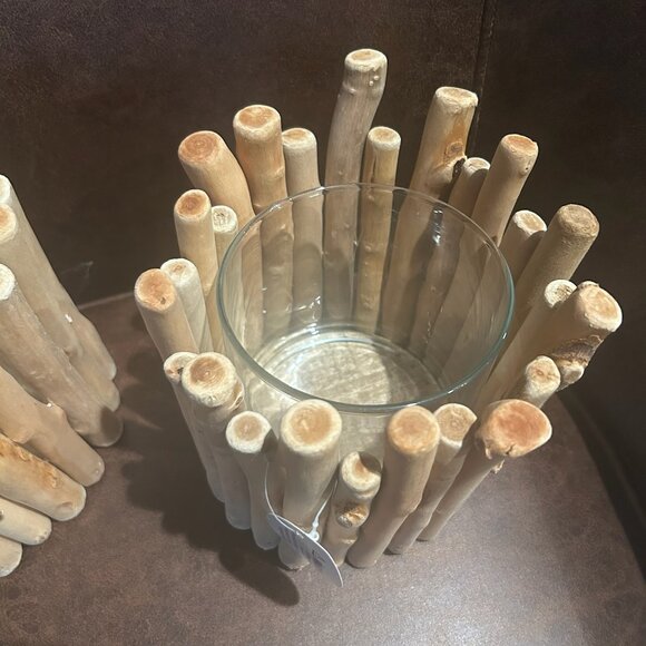 NWT Set of 2 Large Rustic Driftwood Candle Holders Vase Coastal Wedding Decor - Picture 10 of 11